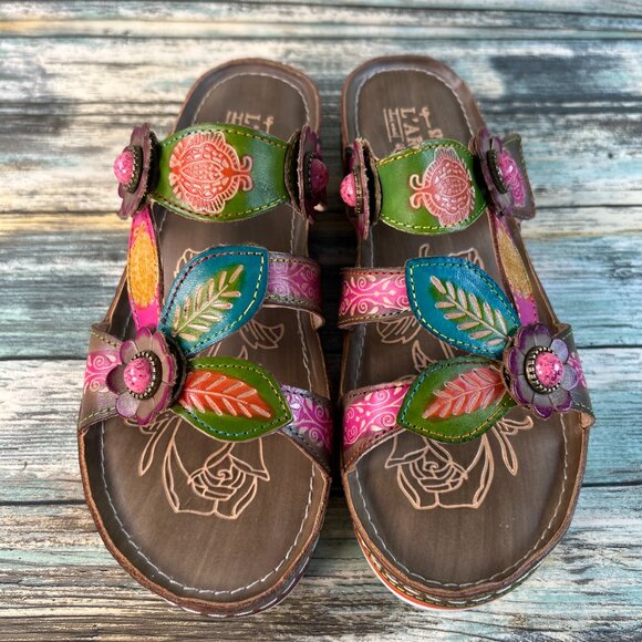 Spring Step L'Artiste Pillow Slide Sandals Womens Size 7.5-8 Gray Leather Floral - Picture 4 of 11